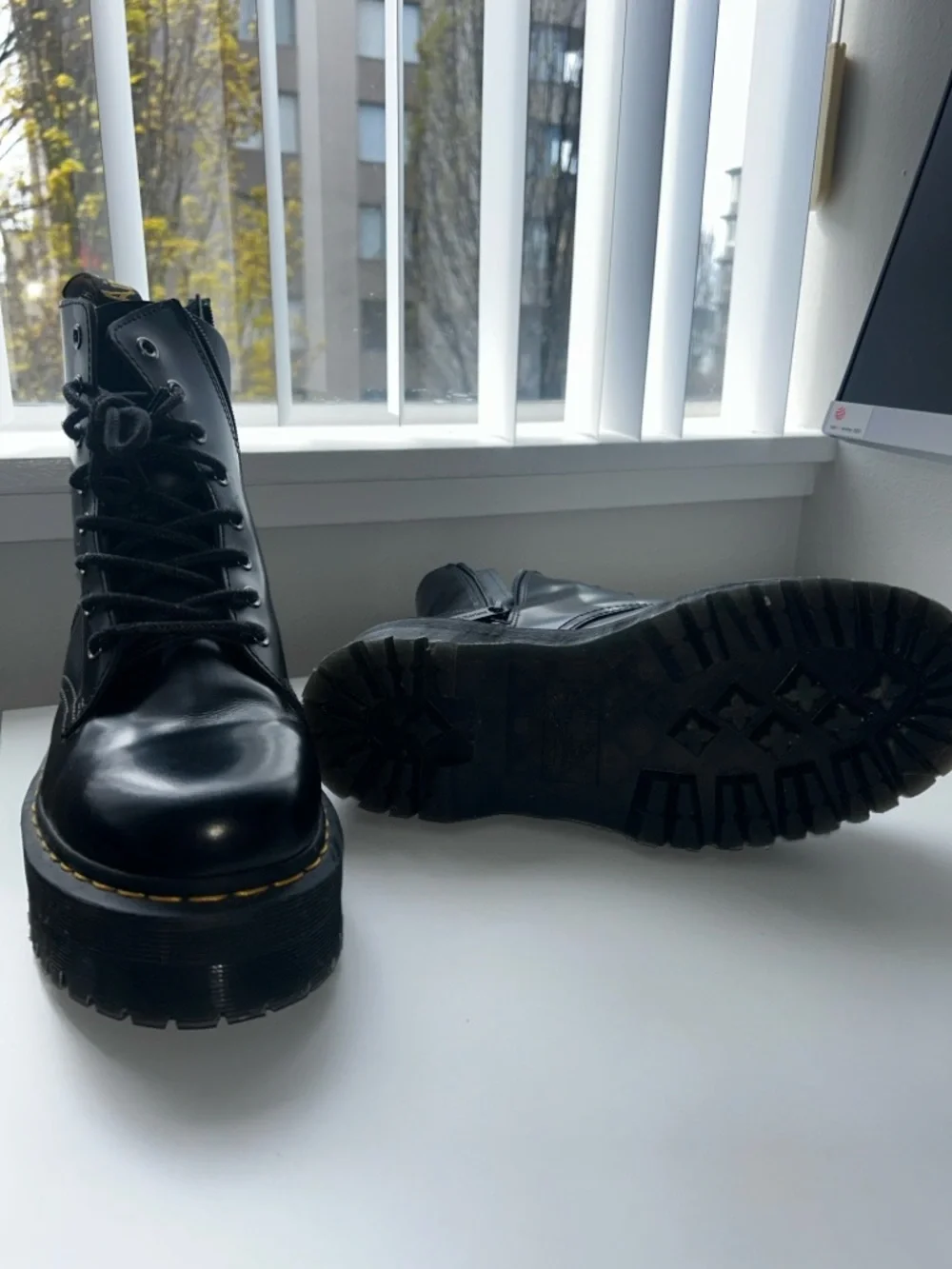 Dr. Martens Black Platform Lace-Up Boots with Yellow Stitching - Picture 3 of 7